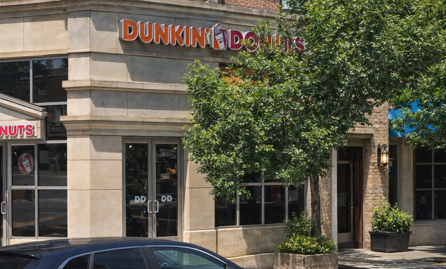Dunkin' Donuts storefront partially hidden by a tree.